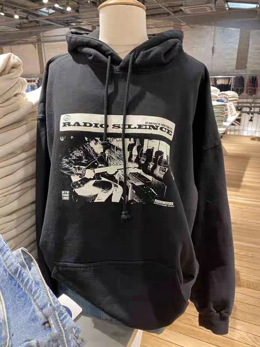 Rock Graphic Print Hoodie Women Casual Hooded Long Sleeve Pocket Pullover 2023 Oversized Streetwear Y2k Sweatshirt Tops