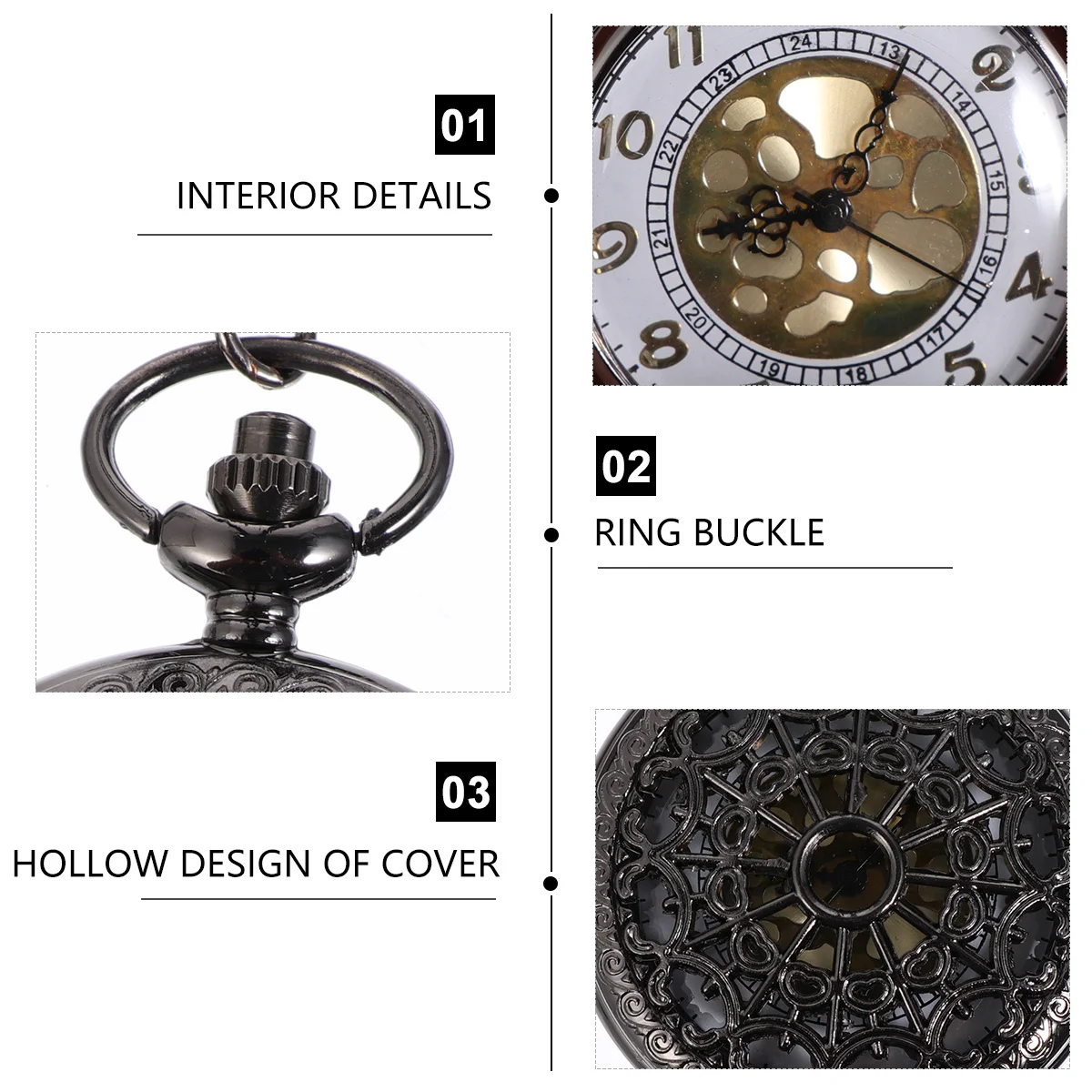 ساعة جيب مجوفة بتصميم عتيق باللون الأسود مع عدسة شفافة وسلسلة رفيعة وساعة كوارتز كلاسيكية هدية للرجال والنساء #4