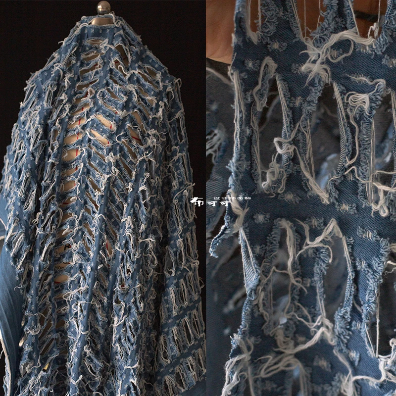 

Blue and White Ripped Beggar Texture Creative Denim Fabric Broken Reconstruction Hollow out See-through Jacquard Tassel