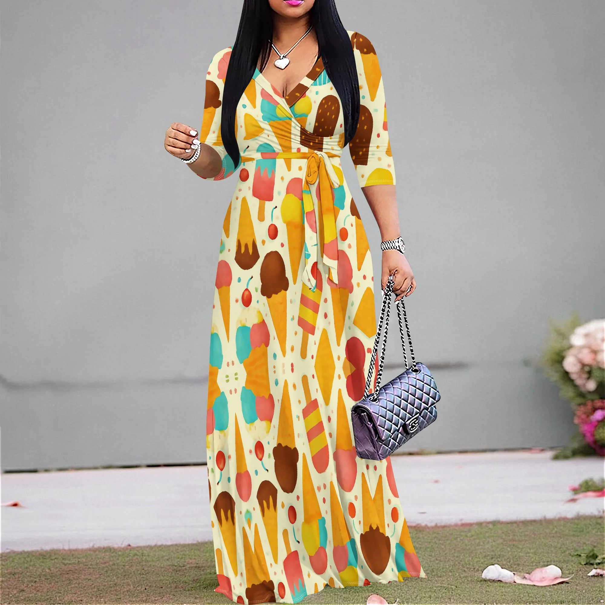 

Ice Cream Print Maxi Dress with Waist Tie, V-Neck, 3/4 Sleeve, Plus Size S-3XL – Perfect for Summer & Vacation