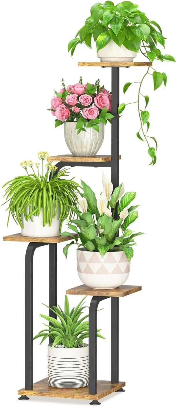 

4-Tier Corner Plant Stand with Wooden Trays, Space-Saving Display Rack for Indoor Outdoor Living Room Balcony Patio Porch