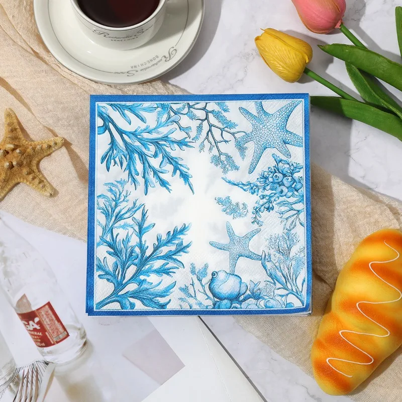 20 pçs 33cm 2ply oceano azul estrela do mar impresso guardanapos venda quente polpa de madeira nativa festa decoração tecido diy decoupage papel
