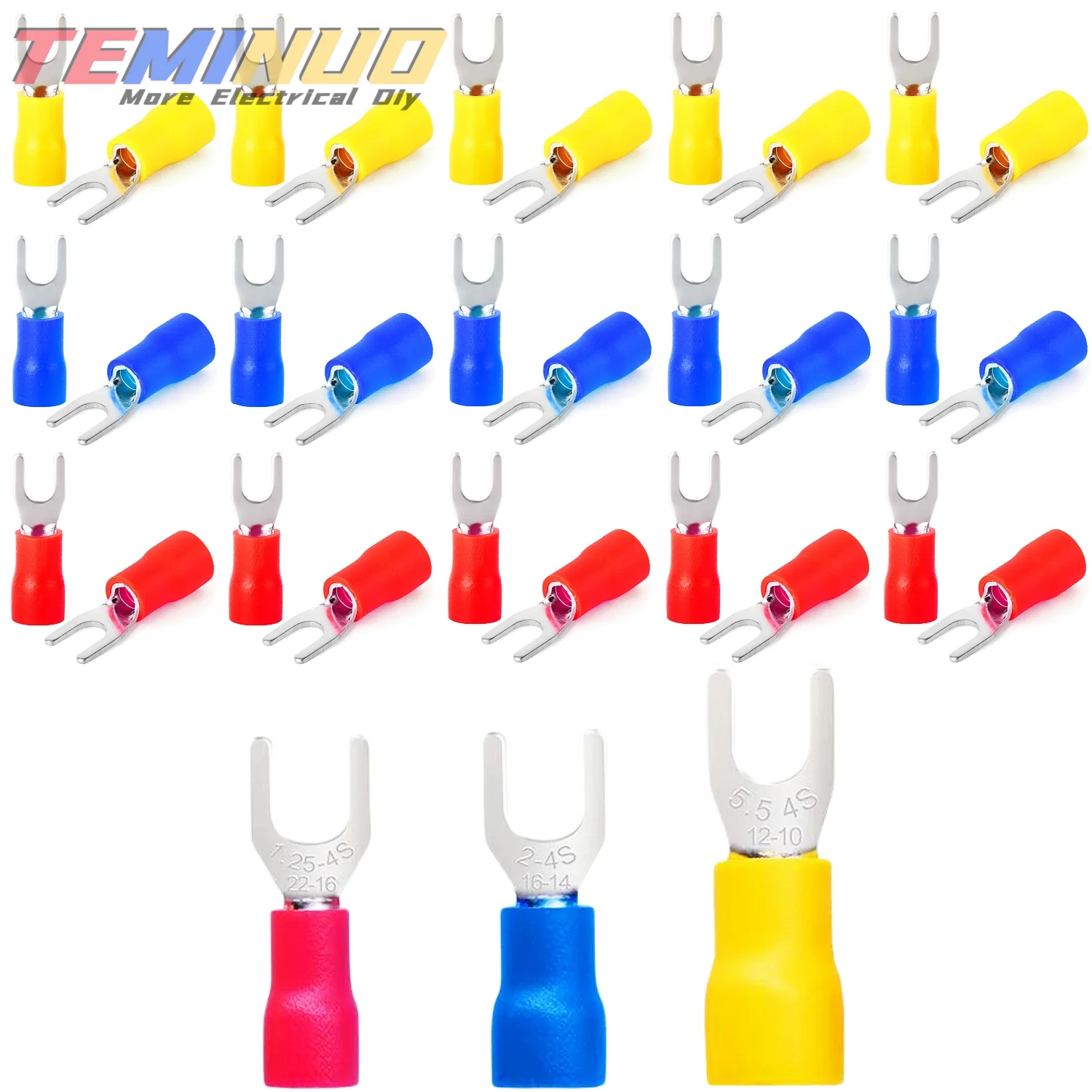 120pcs Fork Crimp Terminals Electrical Wire Connectors 22-10AWG U Type Insulated Spade Lugs for Quick Splicing Cables Connection