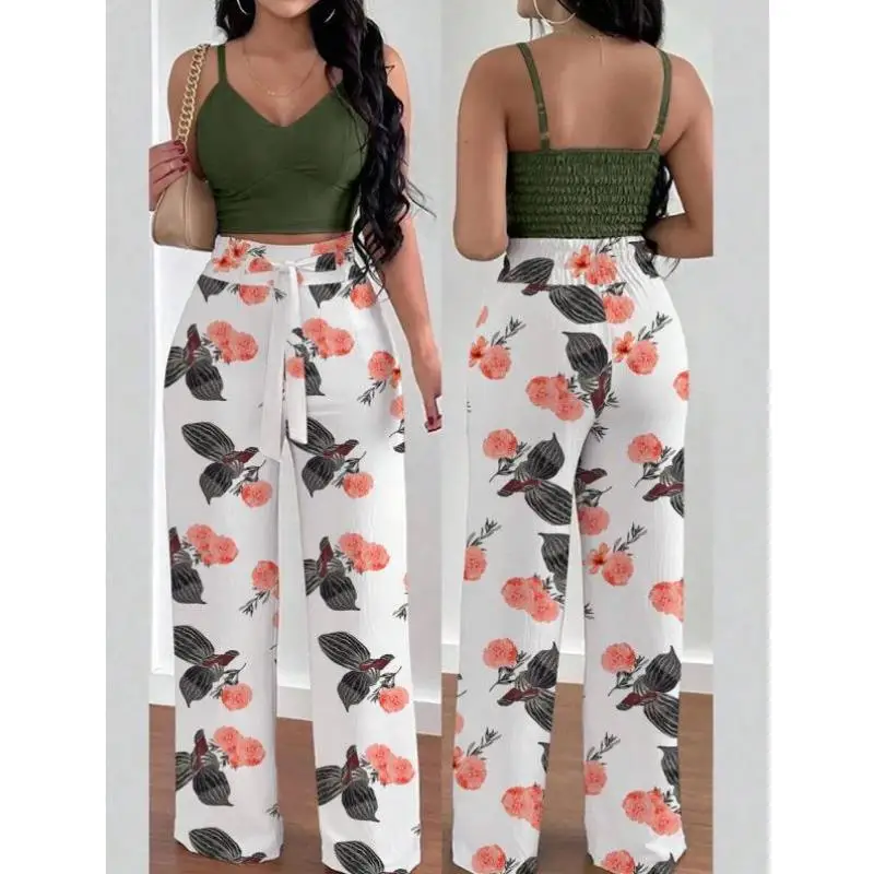 

Women's ort Svel Floral Print Top with Thin Straps Sle 5378 Casual Sportswear Set Autumn Season Seven-Quarter Sve