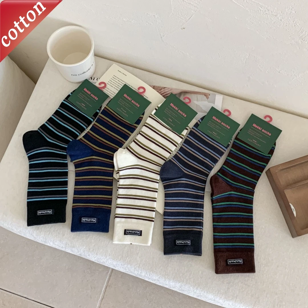 

1/5 пар женских носков в корейскую полоску в стиле Харадзюку, простые универсальные средние носки в стиле ретро, зимние удобные высококачественные хлопковые носки