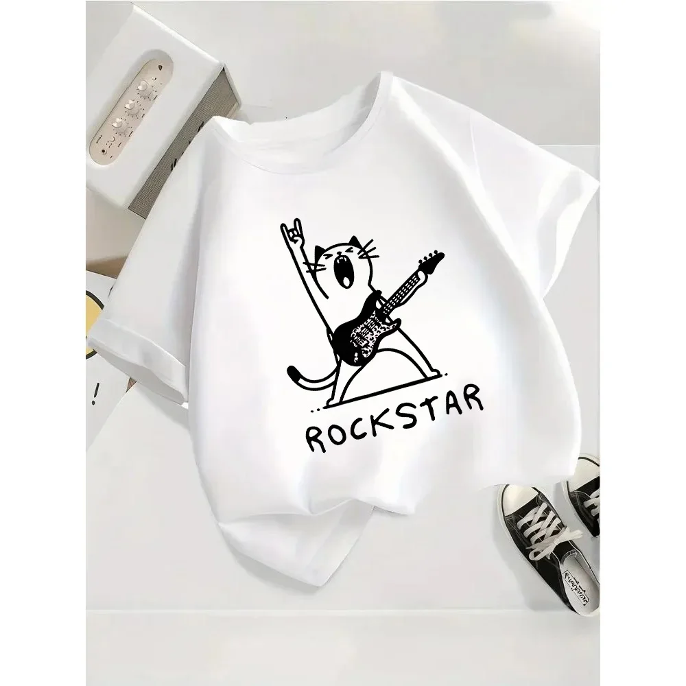 Children's T-shirt Loose Comfortable Soft Skin Friendly Casual Fashionable Versatile Fun Cat Printed Short Sleeved Top