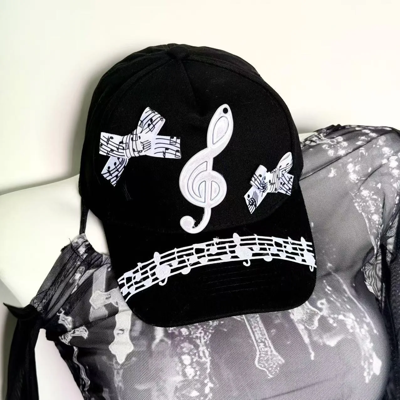 오리지널 수제 음악 노트 보우 야구 모자 Y2k 하위 문화 직원 Sweet Cool Hot Girl Hat 로리타 액세서리