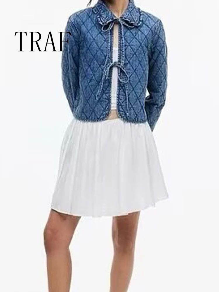 

TRAF European and American style women's new fashion temperament versatile quilted washed denim jacket long-sleeved cotton coat