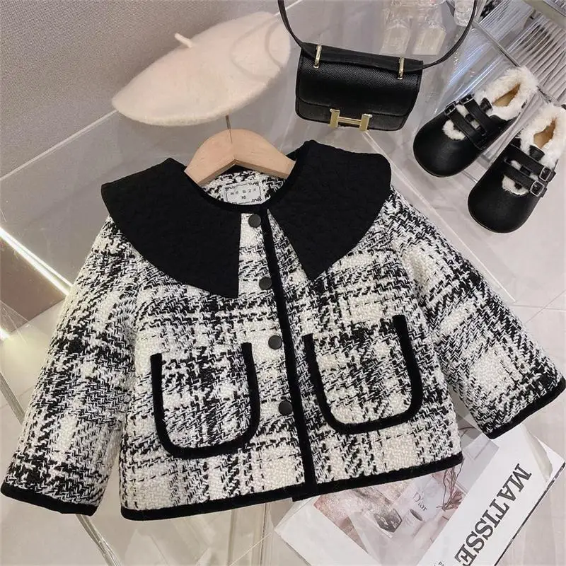 Children's Winter New Style Coat Baby Girl Plaid Warm Collar Top, Small Fragrant Style Fashionable Jacket