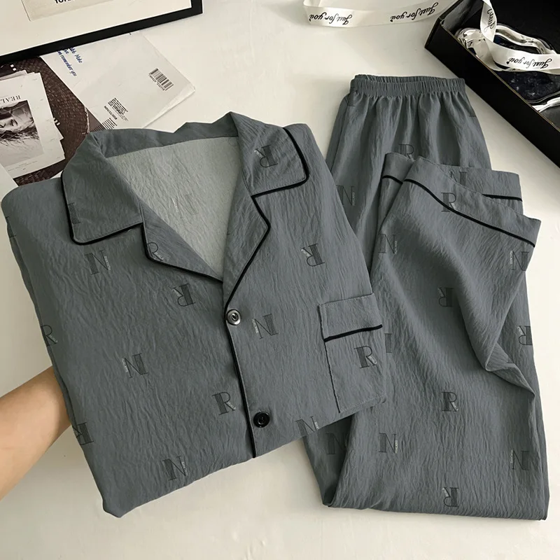 Spring & Autumn Korean-Style Men's Casual Minimalist Cloud-Print Cotton Pyjamas Homewear Set with Long Sleeves and Trousers