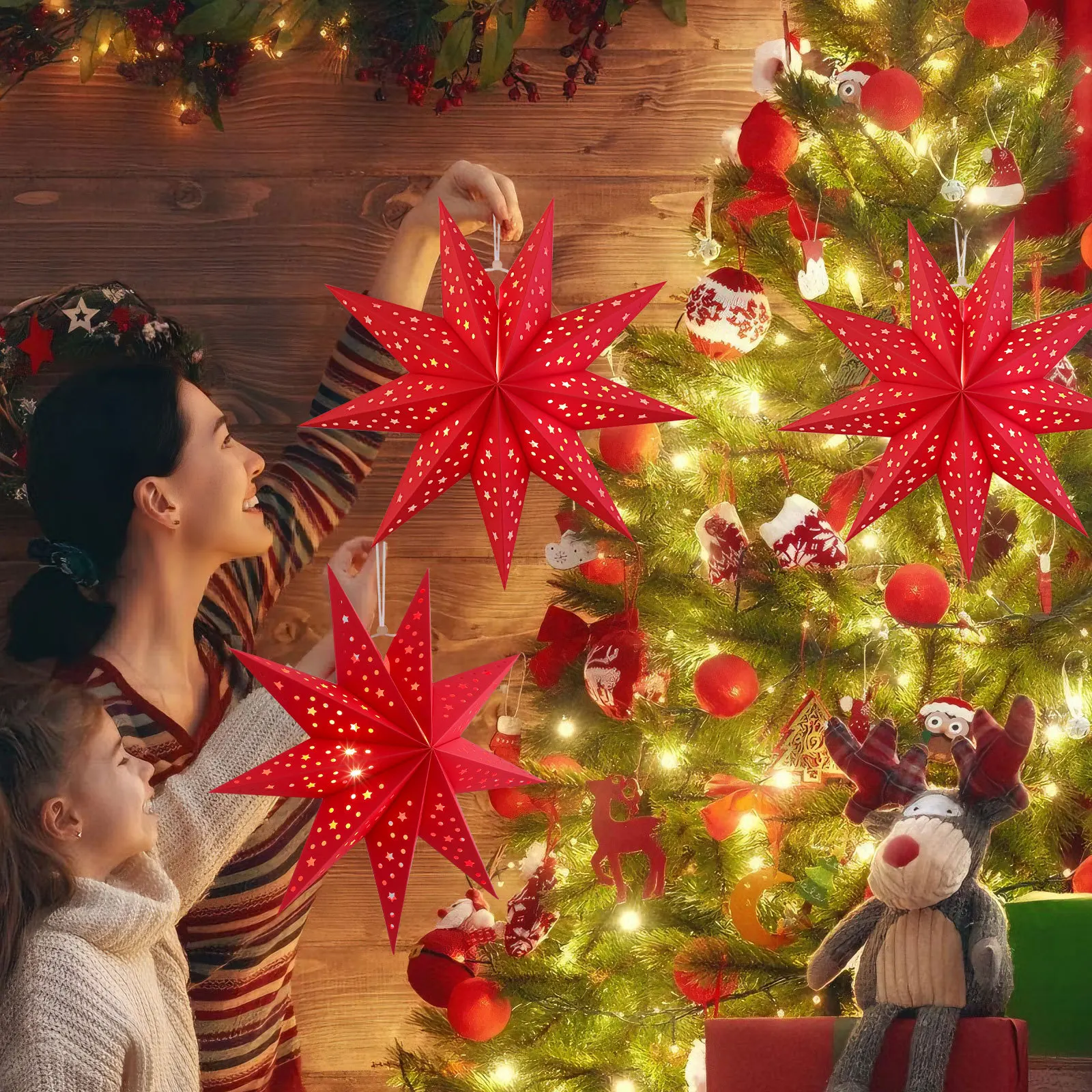 โคมไฟกระดาษรูปดาว 3 ชิ้น สำหรับตกแต่งคริสต์มาส โคมไฟแขวนตกแต่ง 3 มิติ สำหรับห้องนั่งเล่น ใช้ในงานเทศกาลกลางแจ้ง