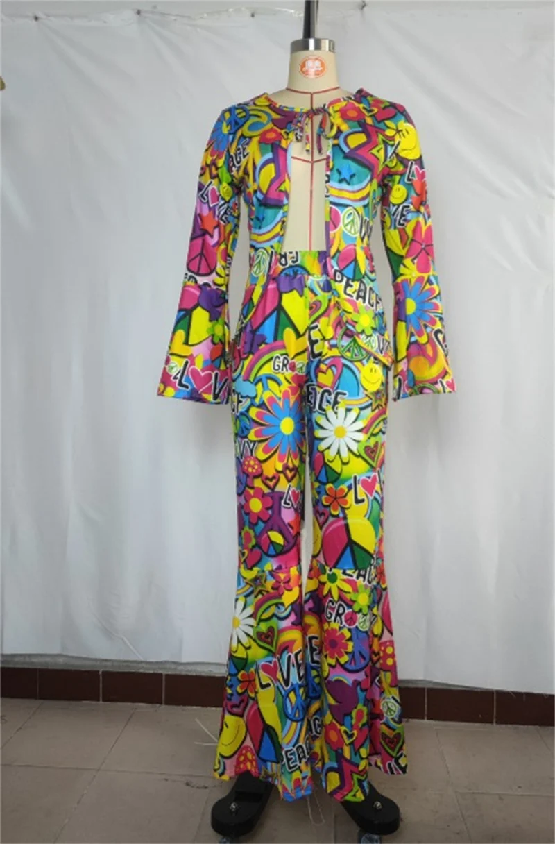 Conjunto de roupa estampada estilo hippie para mulheres, manga queimada, calças cintadas, venda quente, férias de verão, nova chegada, 2024