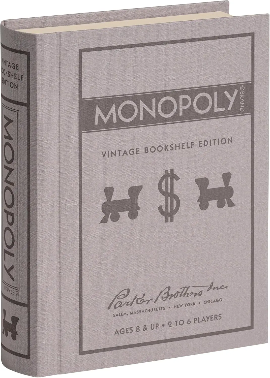 

Vintage Monopoly Bookshelf Edition Board Game with Retro Graphics, Wooden Houses & Fabric-Wrapped Box for Family Fun Ages 8+