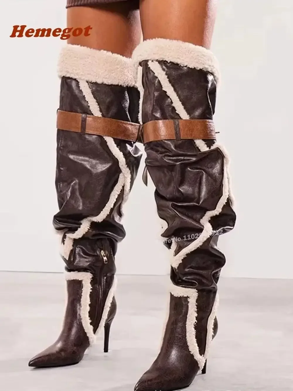 

Женские высокие сапоги выше колена с острым носком на шпильке и пряжкой на ремне, лоскутные плюшевые кожаные сапоги выше колена, зимние коричневые подиумные туфли