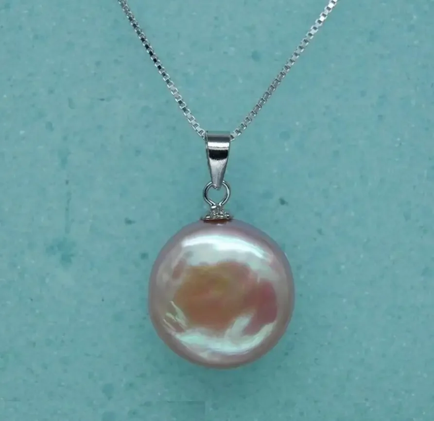 

Fashion jewelry Fine 12-13mm AAA+ Purple Coin Pearl Pendant 925S 18"