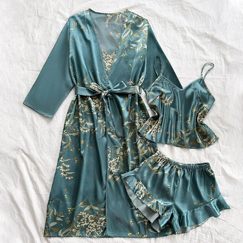 Female 3PCS Pajamas Set Spring Summer New Sleepwear Home Clothes Print Cherry Flower Long Kimono Bathrobe Gown Rayon Loungewear