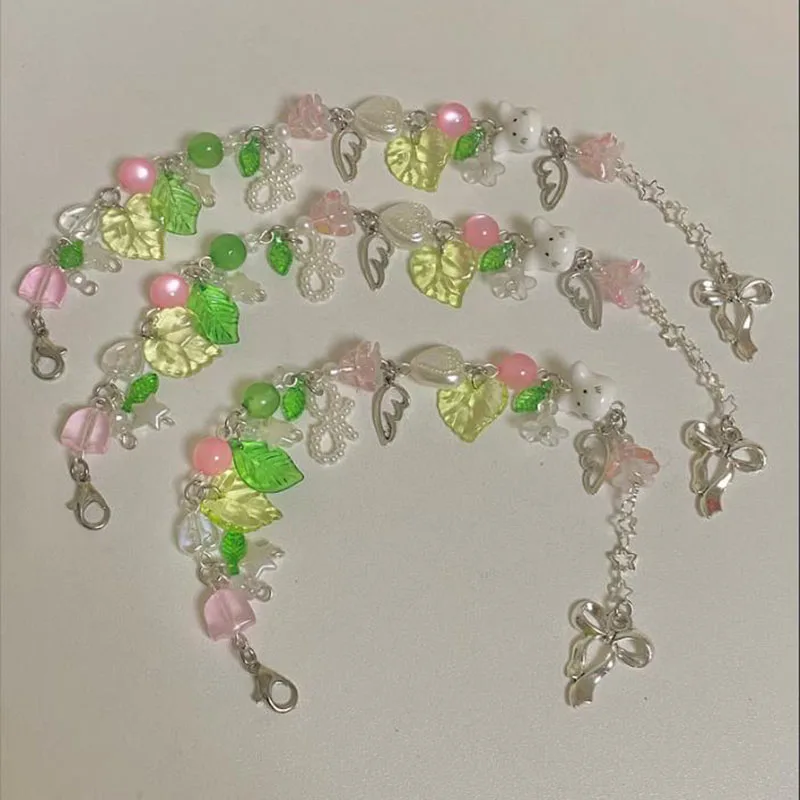 aesthetic pink green nature fairy bracelet handmade