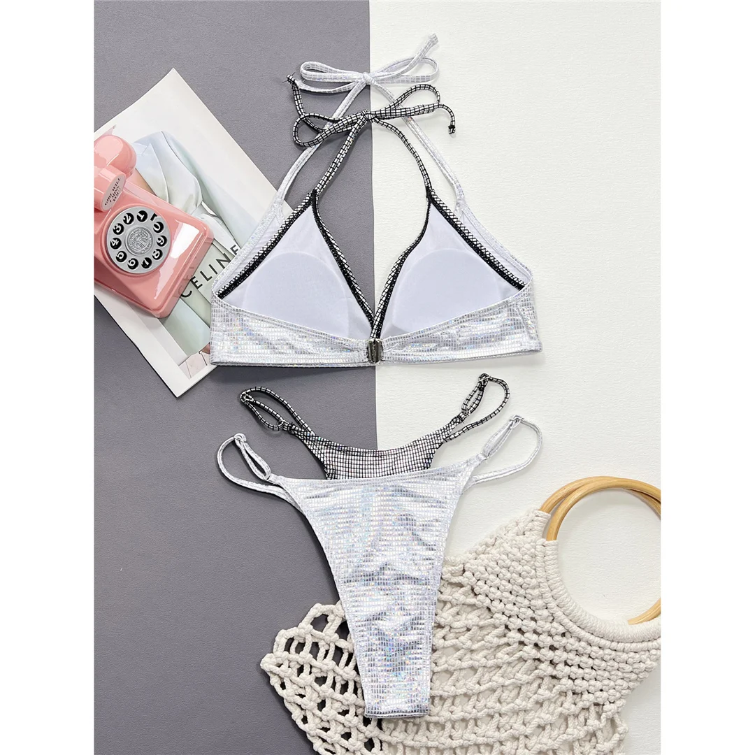 Glänzender, mit Pailletten besetzter, hoch geschnittener Bikini mit Neckholder-Ausschnitt, Damen-Badeanzug, zweiteiliges Bikini-Set, Badebekleidung, Badeanzug, Modell V4609. – Detail 10
