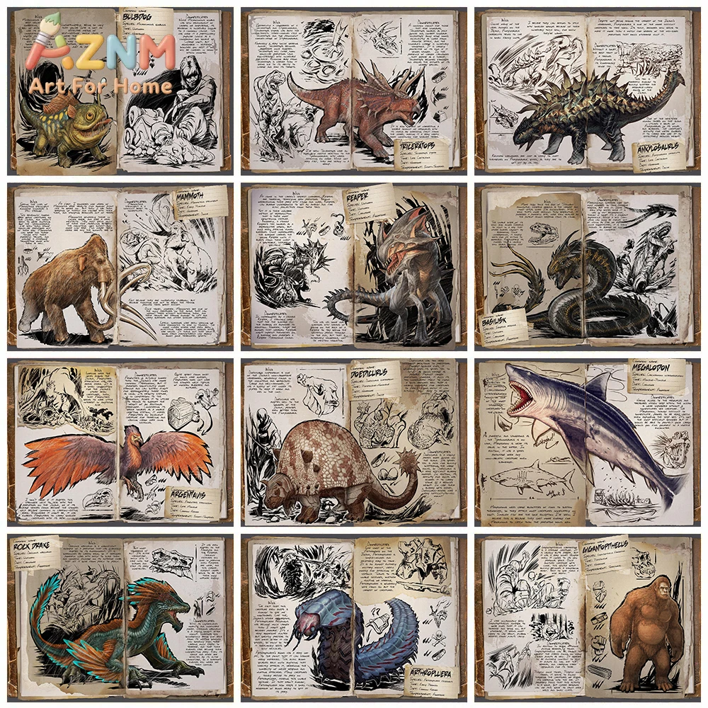 Vintage Dinosaur & Prehistoric Animal Canvas Wall Art Retro Encyclopedia Print Style for Kids' Room & Classroom Decor