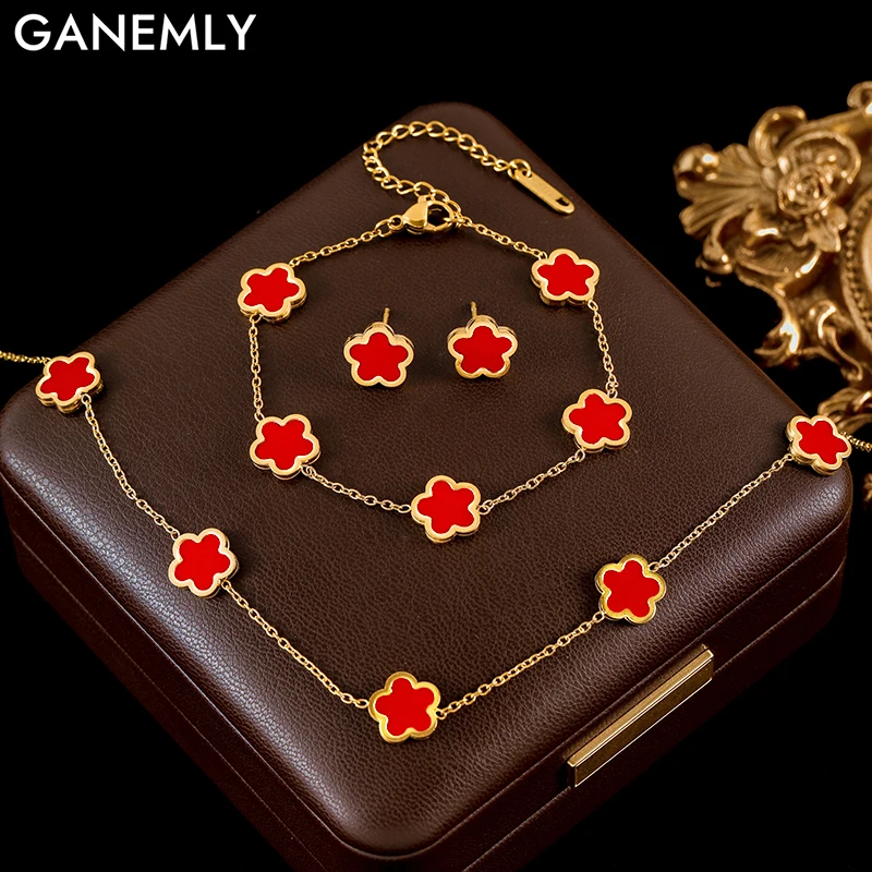 

GANEMLY Stainless Steel Red Plant Flower Necklace Earrings Bracelet With Five Leaf Petals Women's Luxury Gifts Clover Jewelry