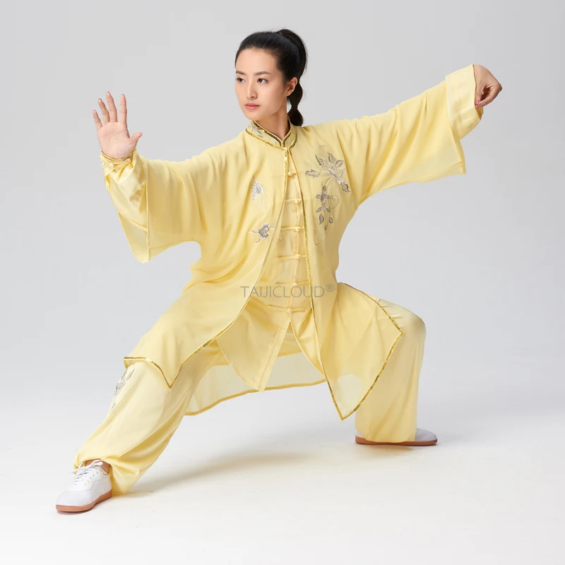 

Royal Peony Embroidered Taichi Set 3-Piece Stretch Silk Kung Fu Suit with Detachable CapeMen/Women Stage Performance Uniform