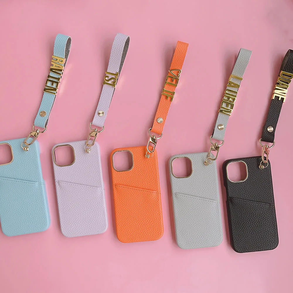 Personalise Pebble Leather Custom Name Card Holder Phone Case For iPhone 16 12 13 14 15Pro Max Protective Lanyard Bracelet Cover
