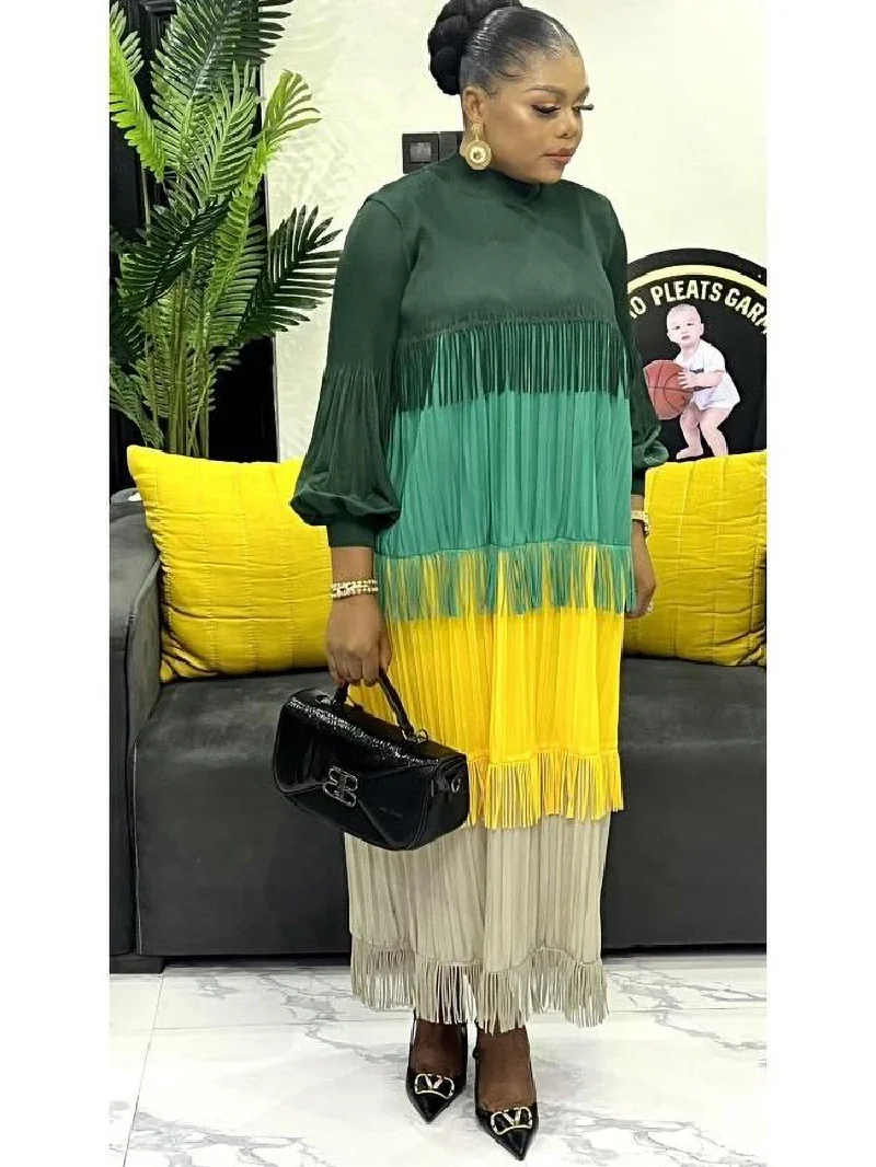 2025 Moda Lanterna Maniche Allentato Sottile Nappa Gonna Lunga Patchwok Color Block Abito Per Le Donne Pieghettato Manica a Soffio a Metà Polpa Dres