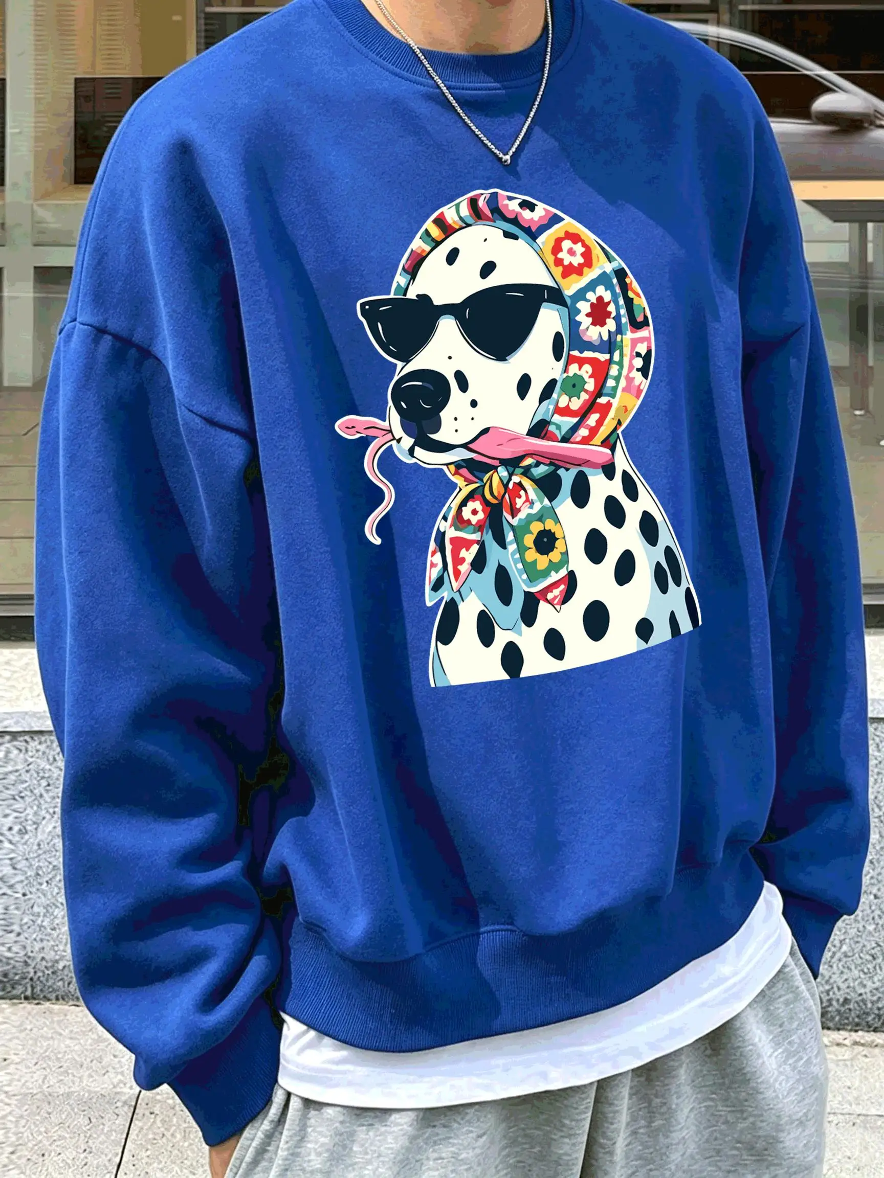 Floral Headscarves Sunglasses Spotted Dogs Print Men Sweatshirt Fleece Casual Loose Pullovers Autumn Clothes O-Neck Streetwear