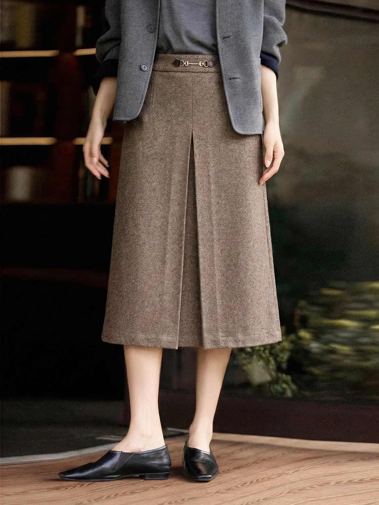 

Юбка А-силуэта с высокой талией из твида для женщин, винтажная, теплая, из полиэфирного волокна, для повседневной носки, с разрезом спереди