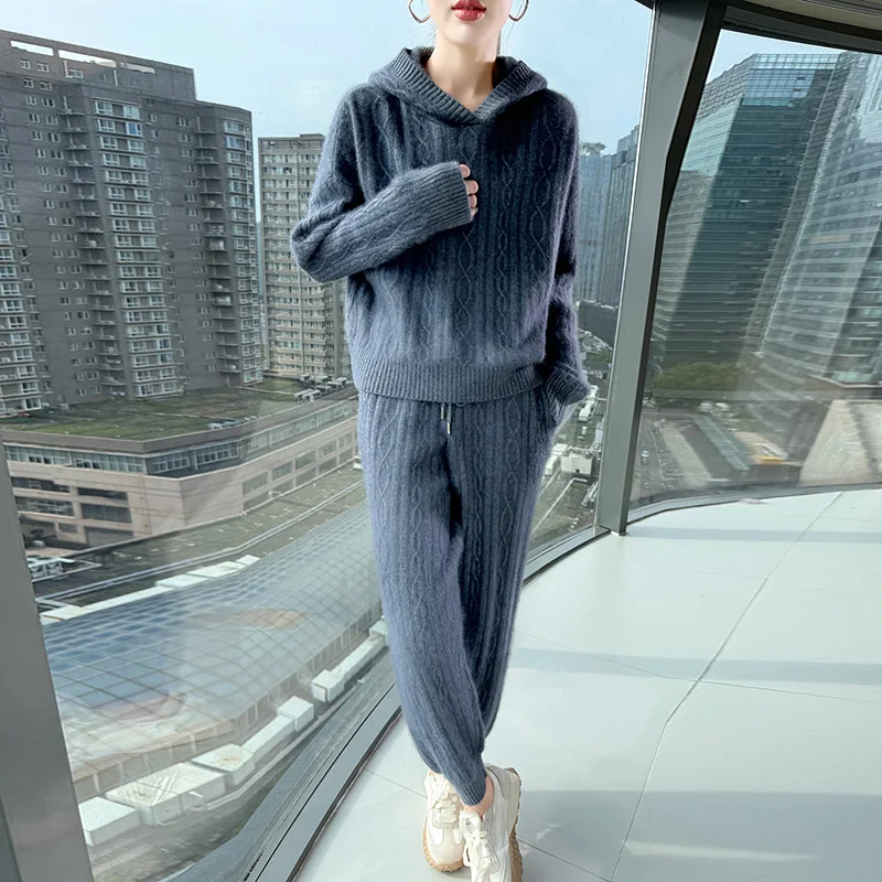 New women's mink fur sweater set with folded legs, long pants, elastic waist, thick hooded pullover, winter warm two-piece set