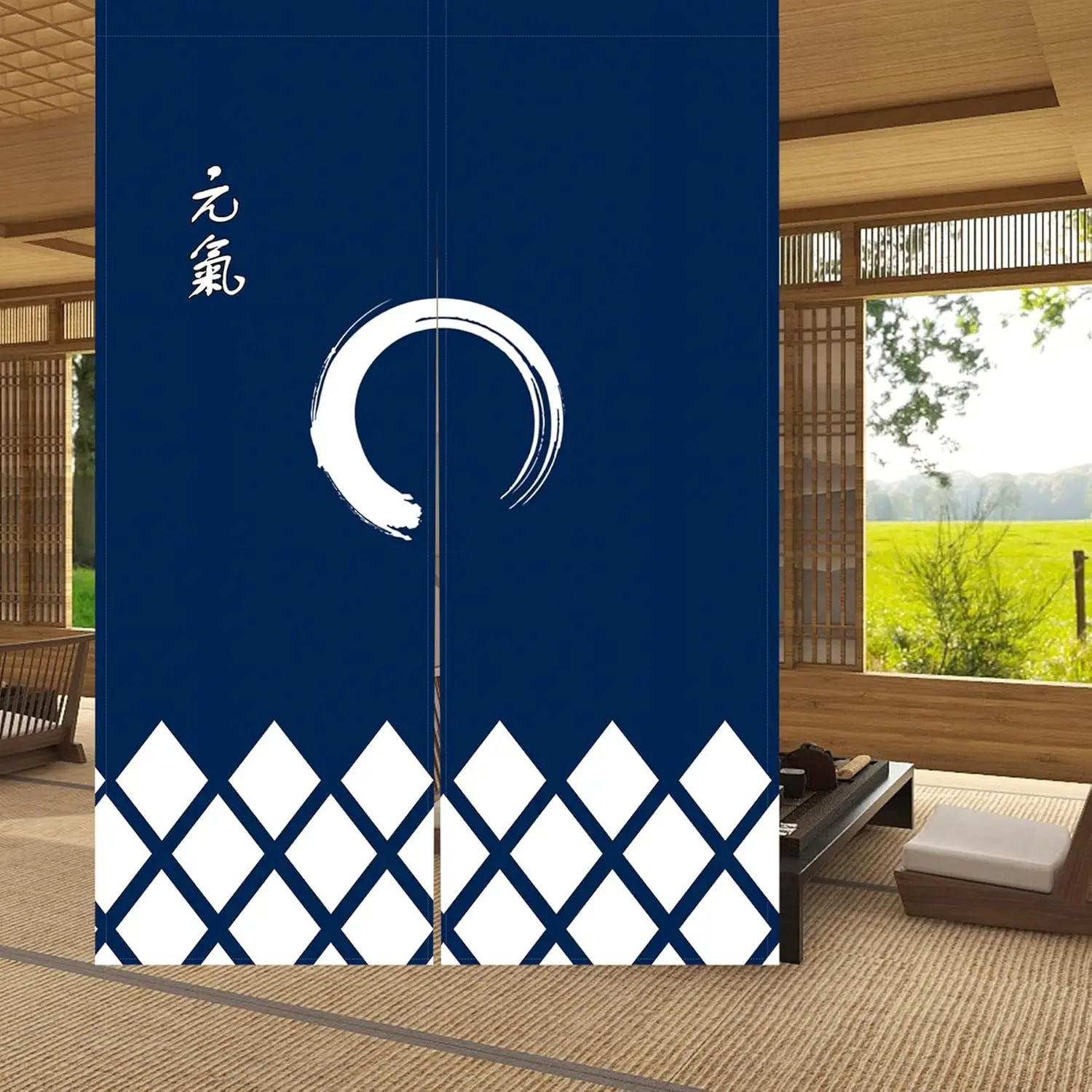 Cortina de puerta estilo japonés Noren, patrón geométrico de círculo Enso, energía Feng Shui, decoración del hogar