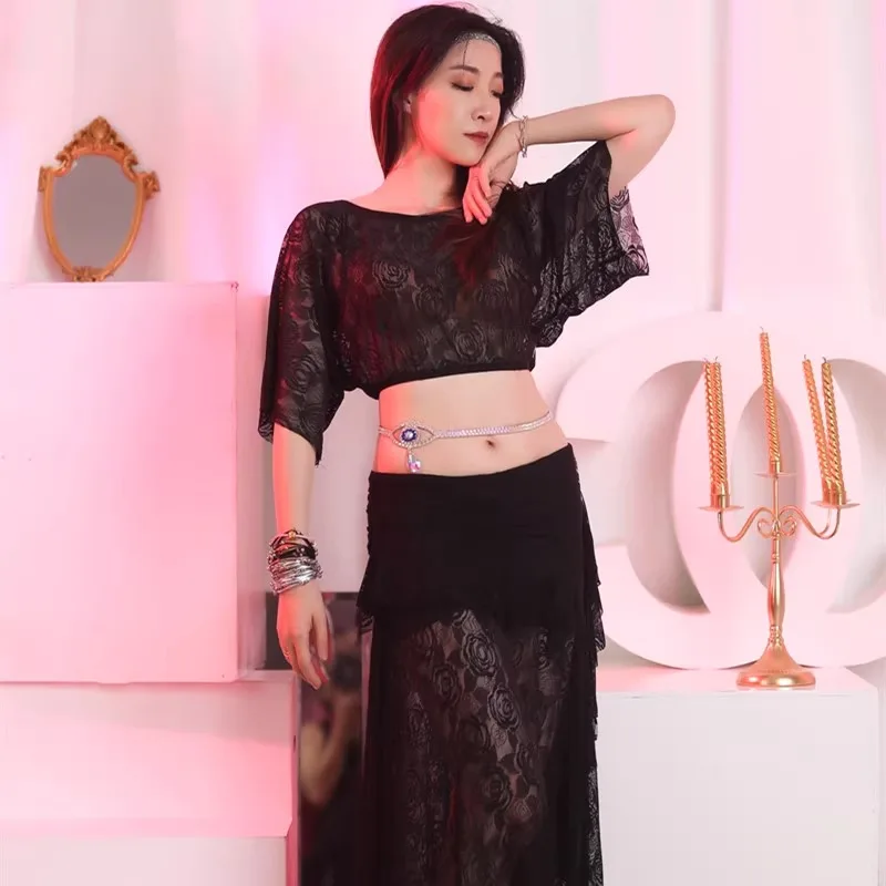 Costumi di danza del ventre personalizzati Set di pizzo Abito da pratica di danza sexy Abbigliamento da squadra Top e gonna 2 pezzi