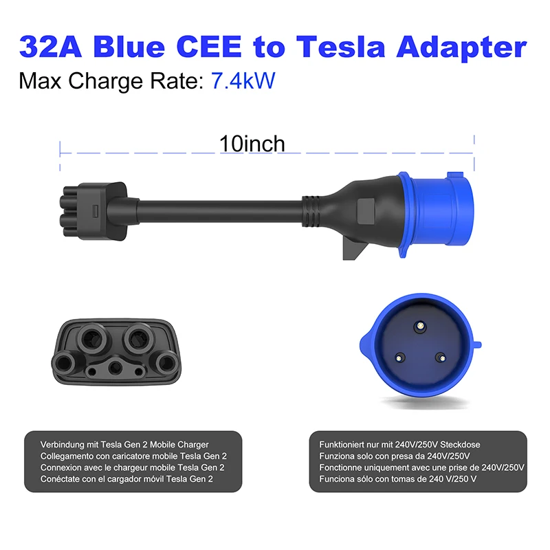 Tesla 3pin Blue CEE Adapter 32A Gen 2 EV Charging Cable Extension for Tesla Model S/3/X/Y, 240V Outlet 32A 10inch