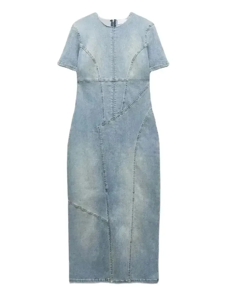 TRAFZA Casual Blue Denim Dress Patchwork Denim O Neck Dress Short Sleeve Slit Elegant Denim Midi Washed Denim Slim Dress