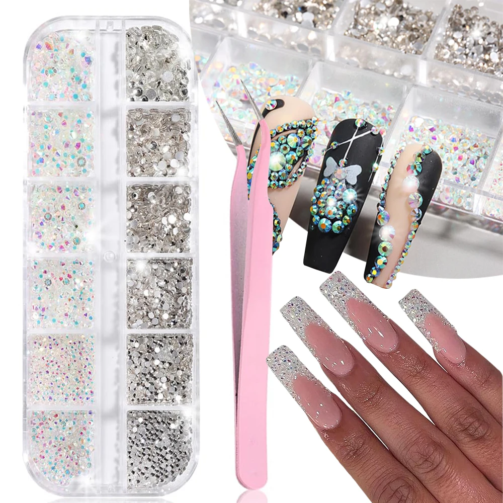 12Grids Clear Aurora Glass Nail Rhinestones +Tweezers Mixed Size Clear Nail Gems Decoration Super Sparkly Diamond Manicure Parts