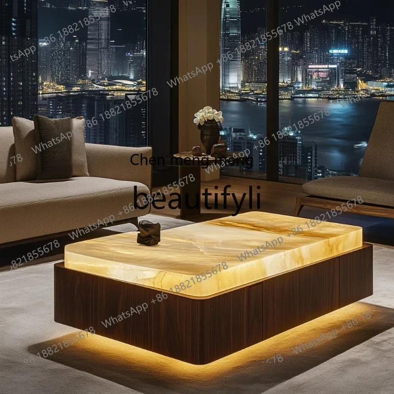 

GRectangle luminous jade coffee table luxury stone minimalist style modern high-end natural marble, living room home