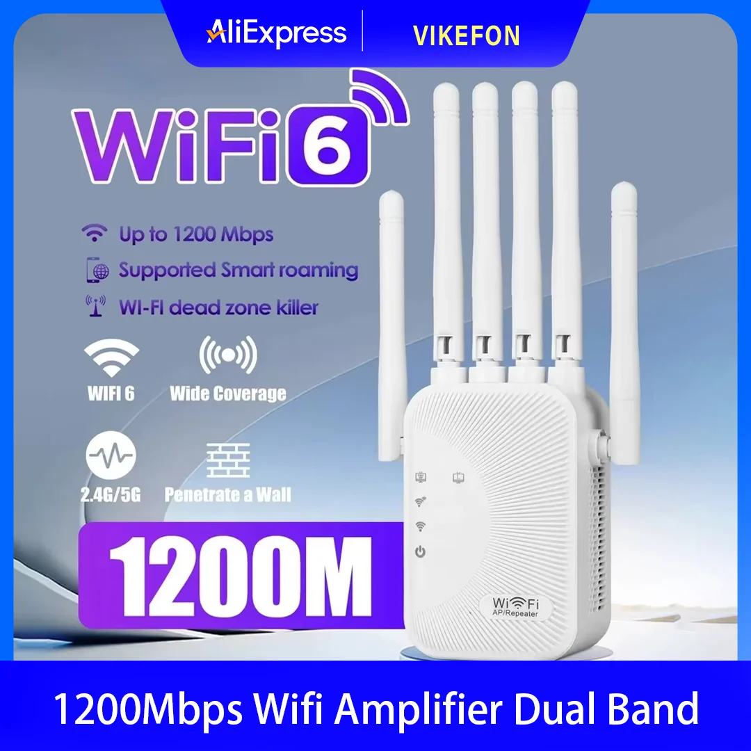 Upgraded Wifi Extender 6 Antennas Dual Band 1200Mbps Through Wall Easy Setup For Home Office Bedroom Wireless Signal Booster Use
