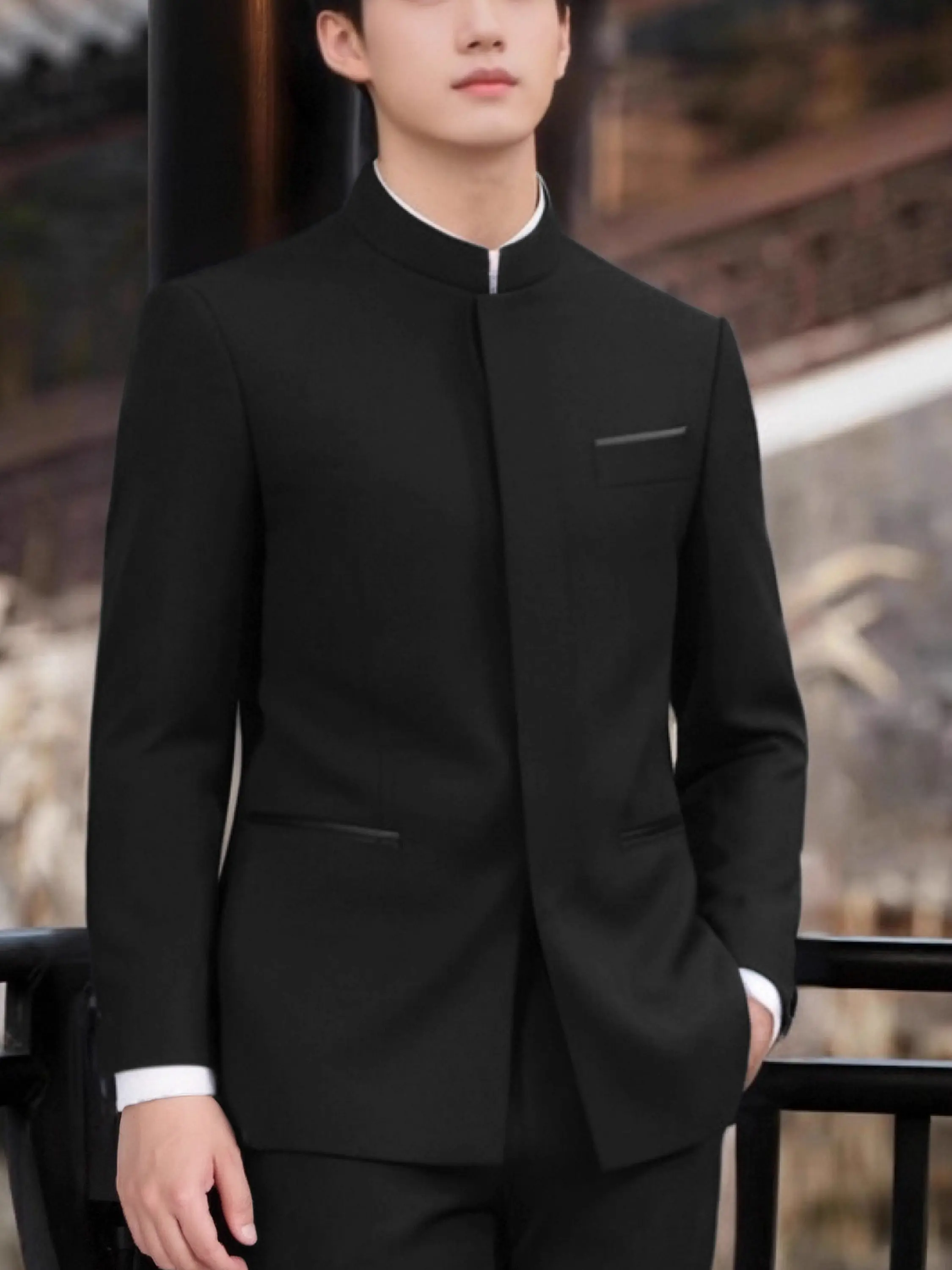 新中国風スリムフィットウェディングスーツセット、スタンドカラー中山服、新郎用伝統共和時代式典衣装