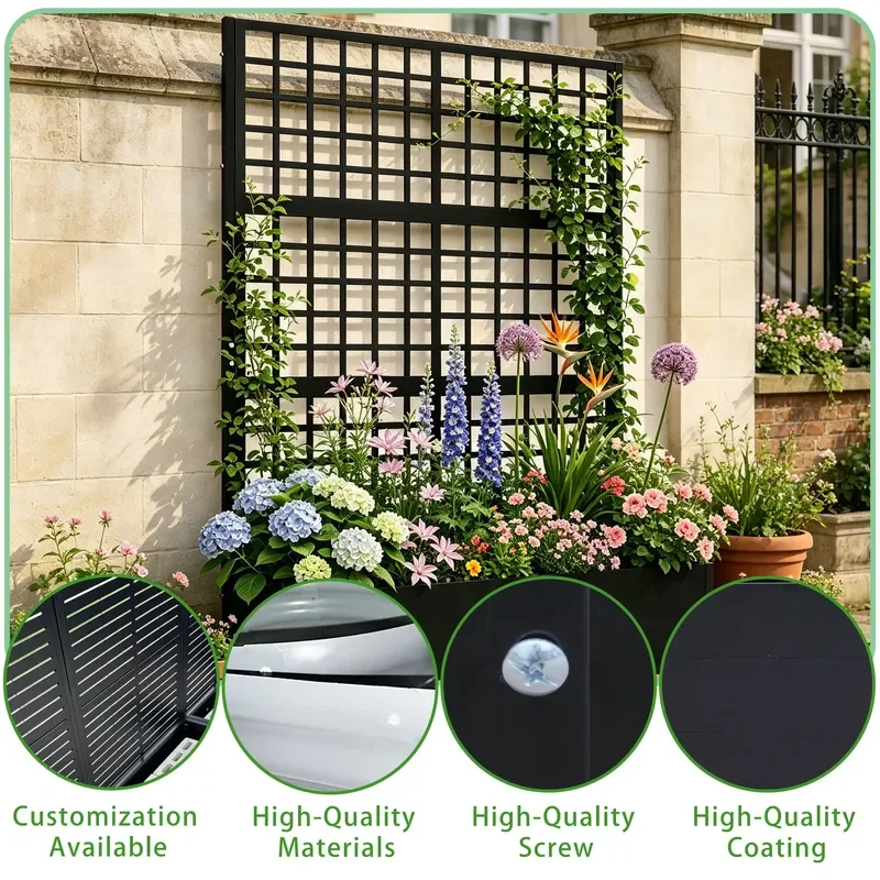 Black Metal Raised Garden Bed 2-in-1 with Lattice Trellis and Privacy Screen Heavy Customizable Plant Box