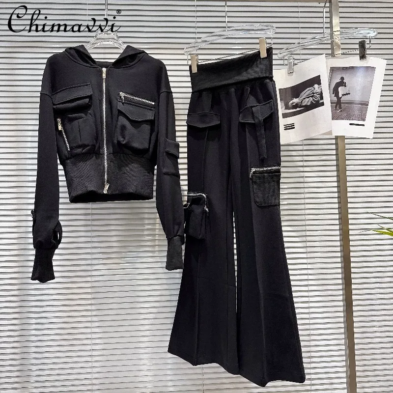 

2026 Spring New Fashion Hot Girl Metal Zipper Pocket Jacket Hoodie High Waist Flare Pants Set Casual Women's Two-piece Outfit