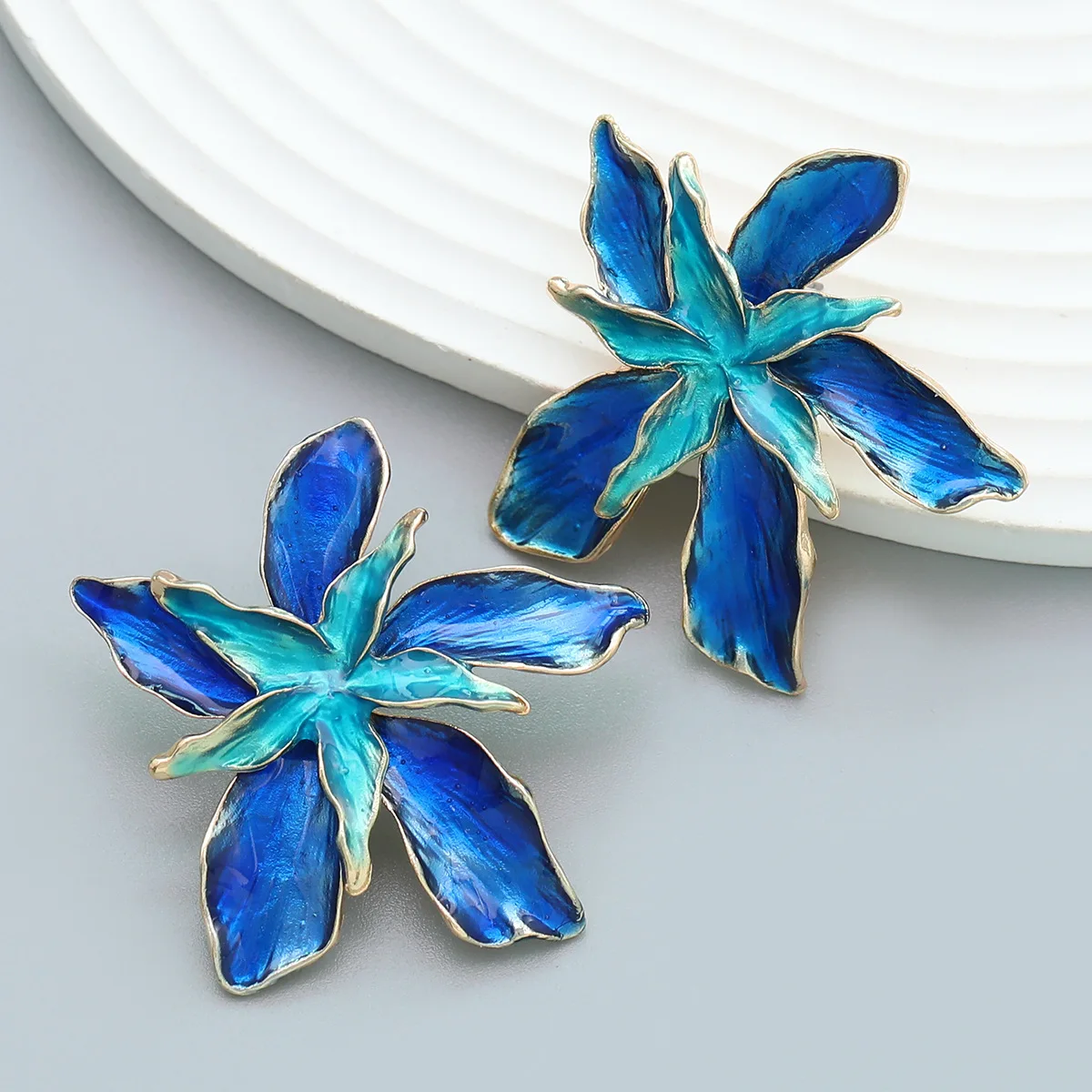 Green Blue Fushia Red Flower Stud Earrings Big Bicolor Floral Jewelry Spring Summer Beach Party Plant Leaves Earrings