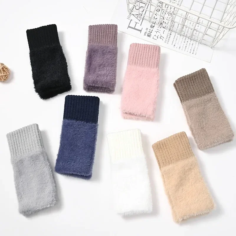 قفازات الشتاء القطيفة للنساء طويلة بلون الصوف الحراري الكتابة القيادة مكتب شاشة تعمل باللمس نصف اصبع قفازات متماسكة دافئة