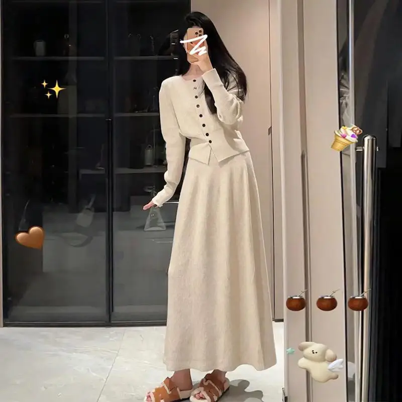 Women Autumn Winter Knit Cardigan Long A-Line Skirts Two Piece Set Lady Solid Beige Slim Thin Bottoming Sweater Skirt Outfits