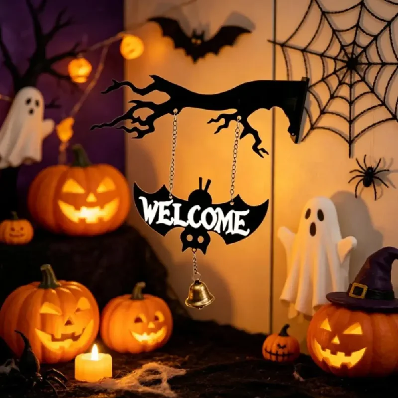 Spooky Wall Pendant Ghost Swing Wall Decor Halloween Ghost Swing Wind Chime with Vintage Bells Rustic Wooden Door for Porch