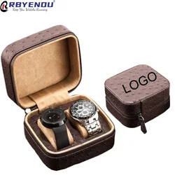Free Customizable Logo 2 Slots Leather Watch Box Case Organizer Zipper Travel Watch Bag Storage Box Jewelry Watch Collect Gift