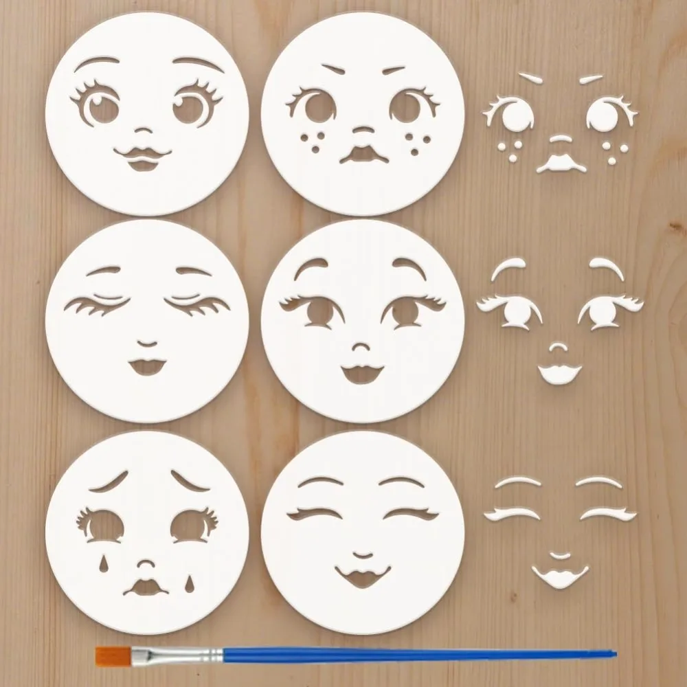 6Styles Face Expression Stencils with a Brush 3.9x3.9Inch Facial Features Painting Stencil PET Cartoon Theme Pattern Stencils