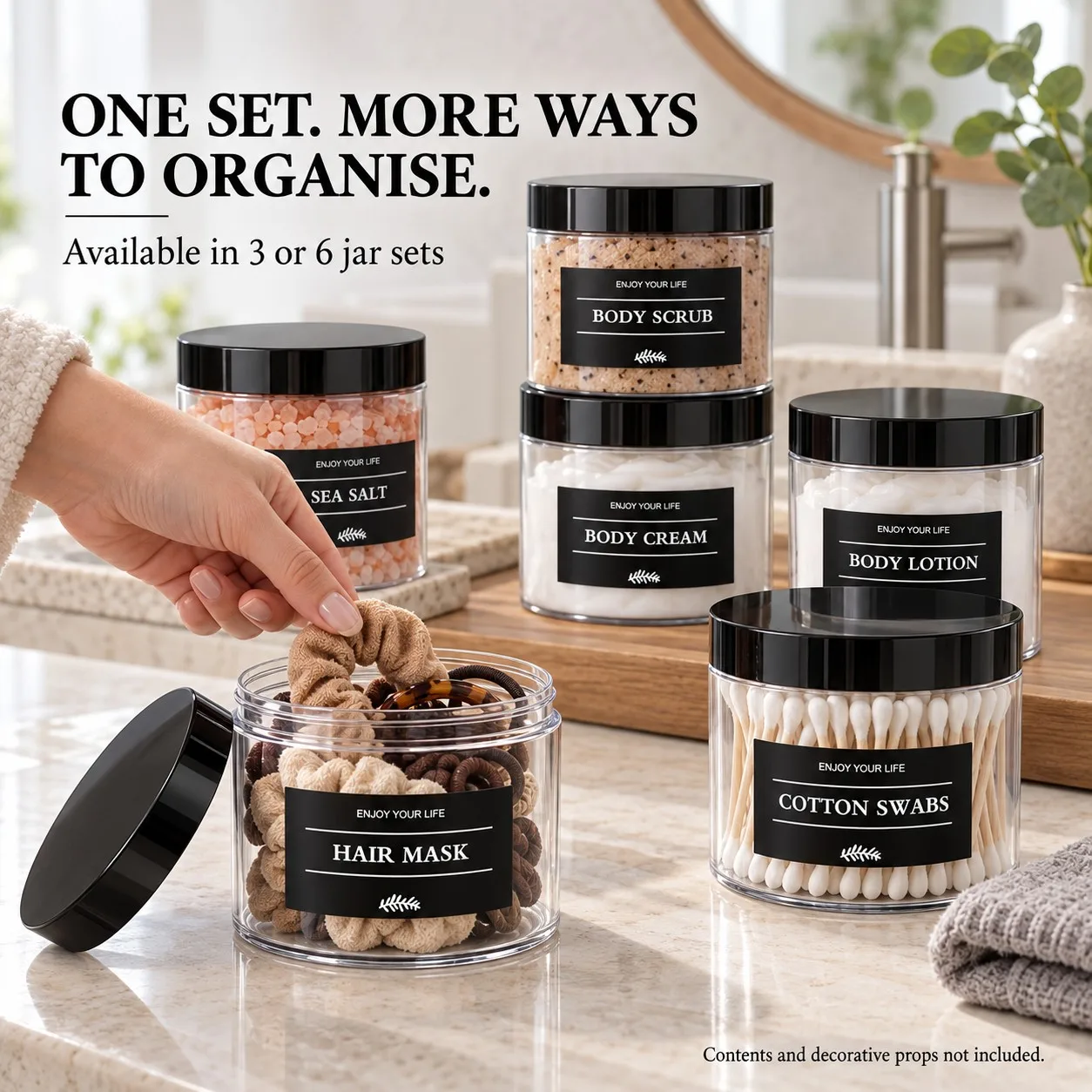 6Pack Bathroom Vanity Storage Jars with Labels Clear/Amber/Black Plastic Containers for Cotton Swabs Body Scrub Bath Salts
