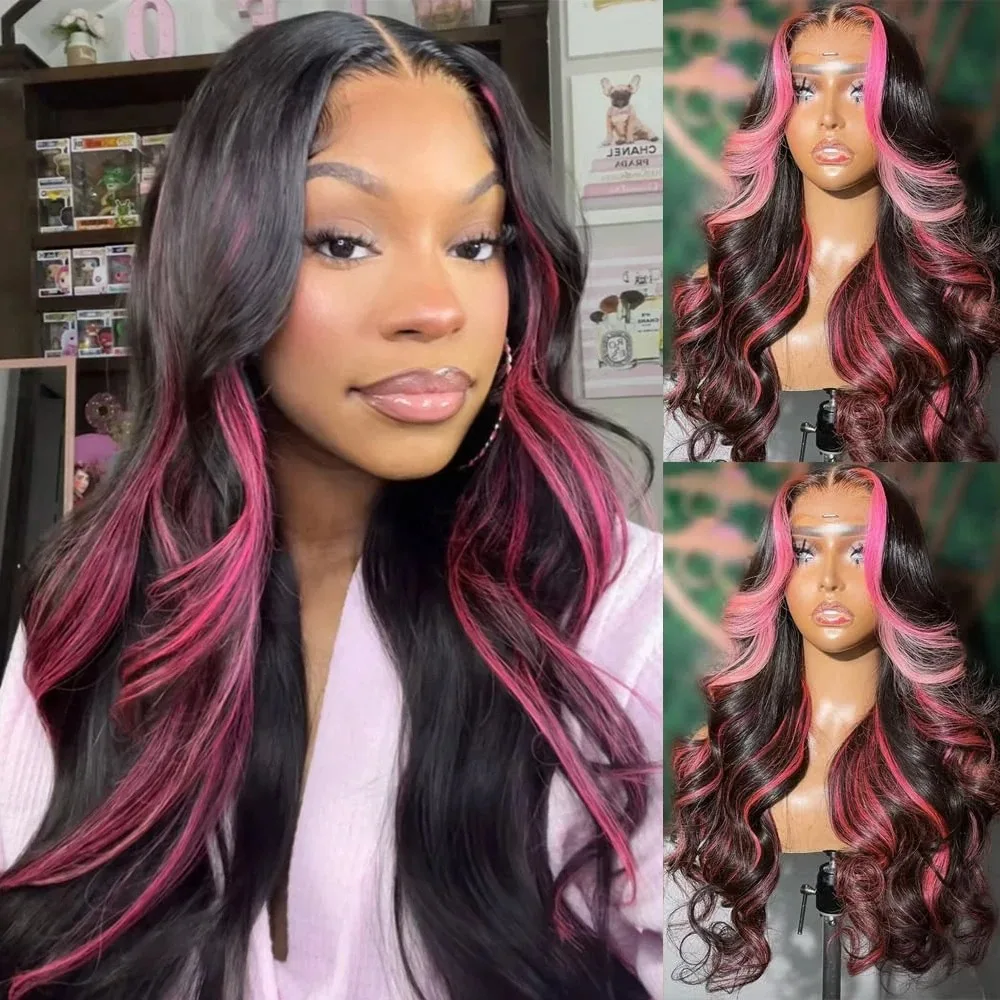 

Black Highlight Pink Body Wave Lace Frontal Wig 13X4 HD Lace Wig Synthetic High Quality Heat Resistant Daily Party Wear Cosplay