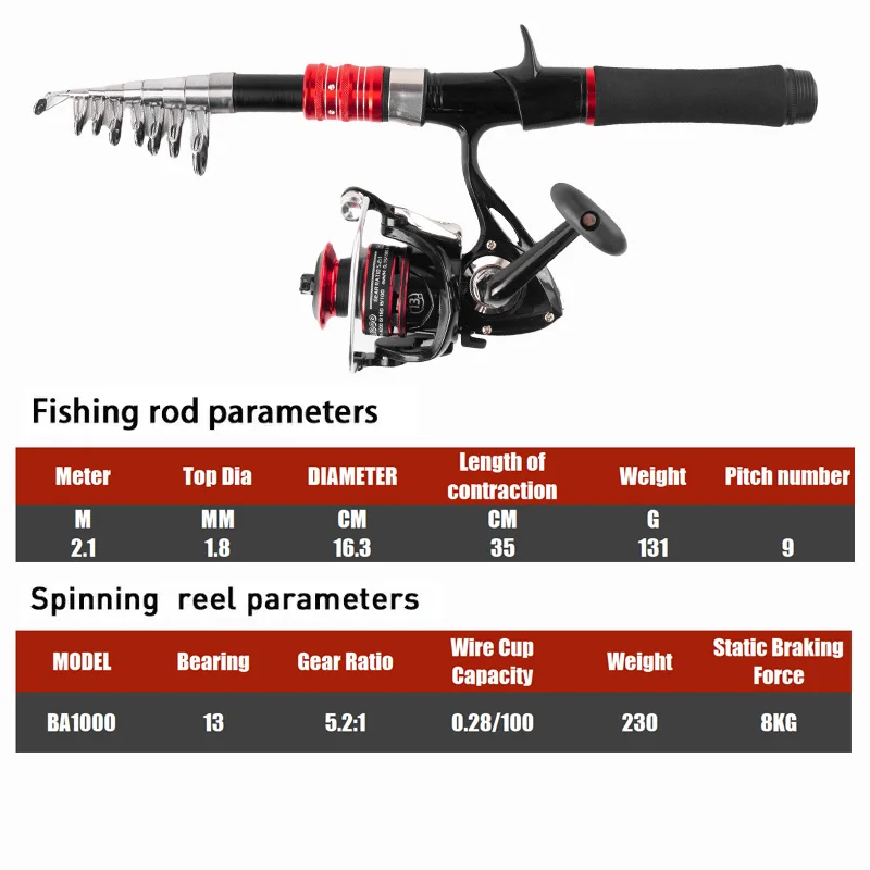 Fishing Pole Set Full Kits With Telescopic Fishing Rod And Spinning Reel Baits Hooks Travel Pole Set