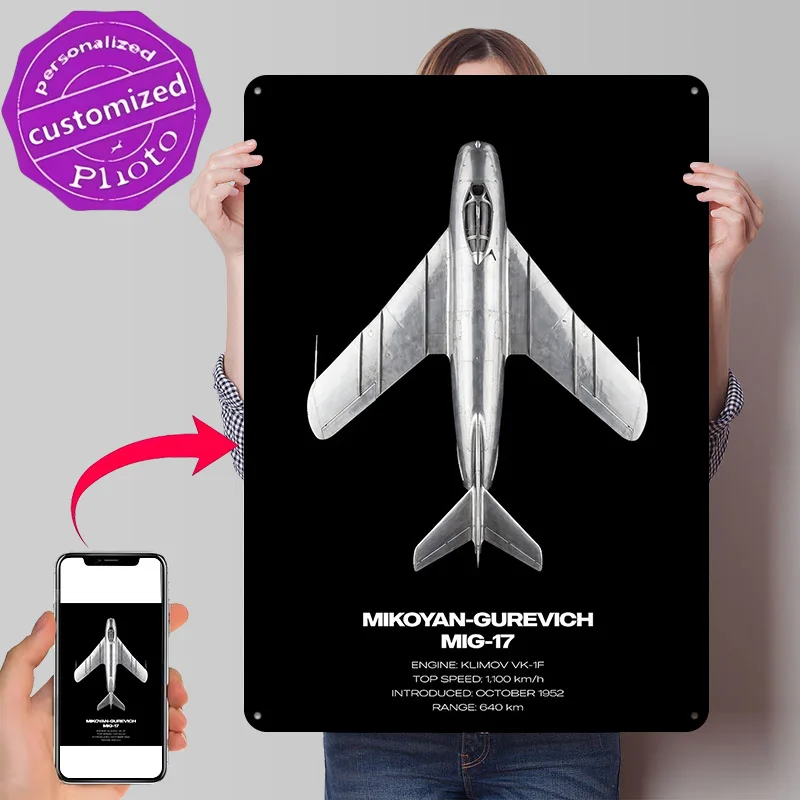 Mikoyan-Gurevich MiG-17 Jet Fighter 3D Printed Texture Poster Personalized Wall Art Retro Metal Tin Signs for Decor Room Home